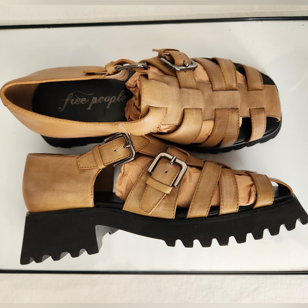 Free People Tan Woven Leather Platform Sandals - Picture 5 of 10